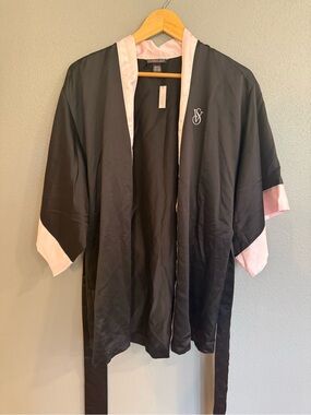 Victoria's Secret Black Satin Kimono with Pink Trim